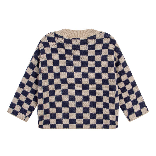 V-neck Navy Check Knit Cardigan