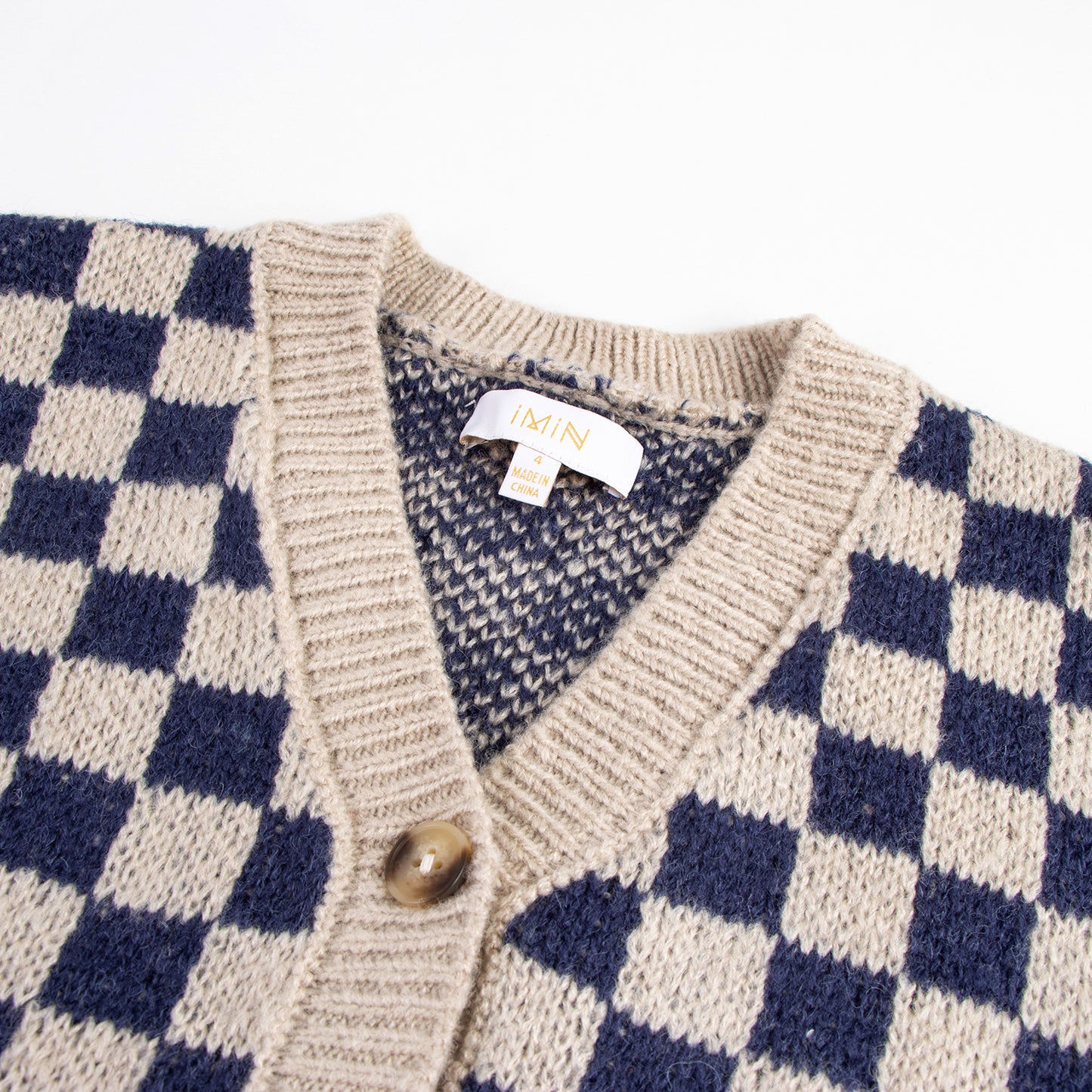 V-neck Navy Check Knit Cardigan