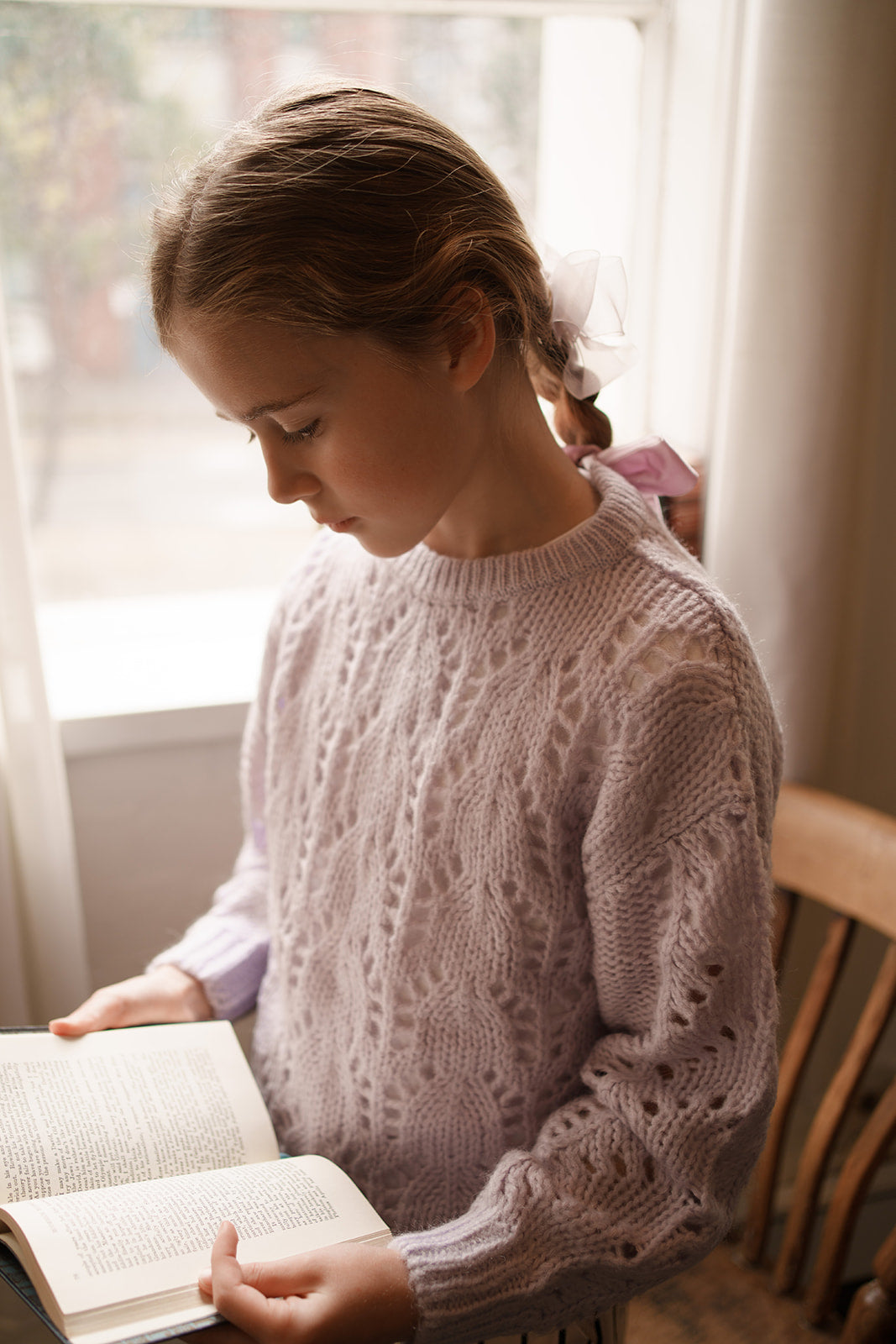 Girls Lilac Wool-Blend Knit Jumper with Bow Back - Soft Winter Sweater