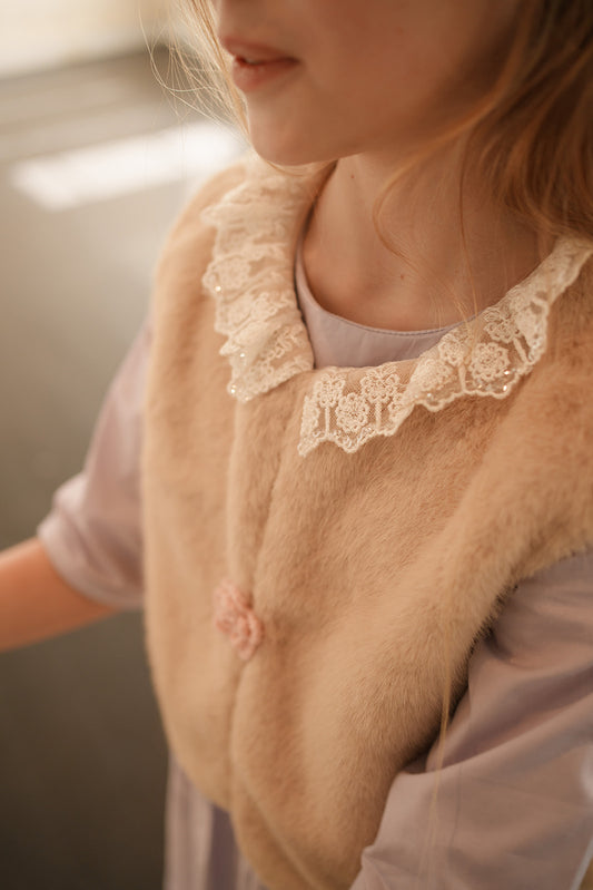 Faux Fur Vest with Lace Collar Almond