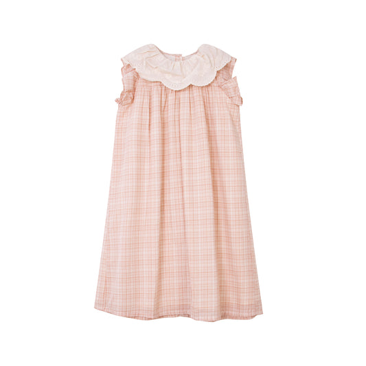 Girls Cotton Pink Check Lace Collar Dress