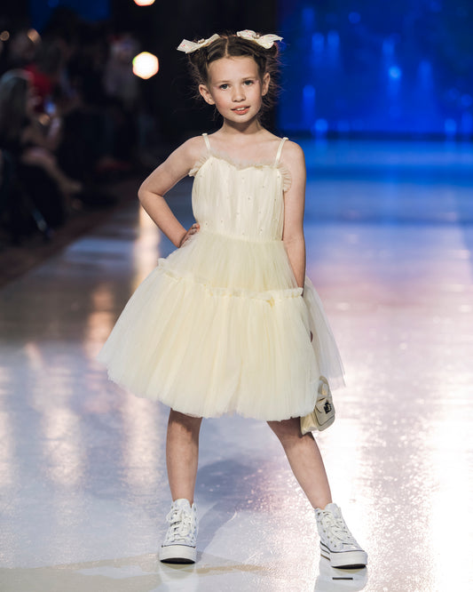 Pearl Daisy Champagne Dress styled for flower girl or birthday party outfit
