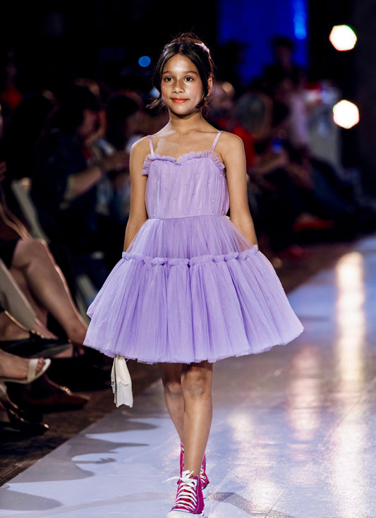 Pearl Daisy Purple Dress styled for flower girl or party outfit