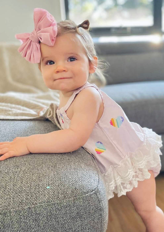 iMiN Kids Babies Organic Cotton Lace Romper Pink Rainbow Heart