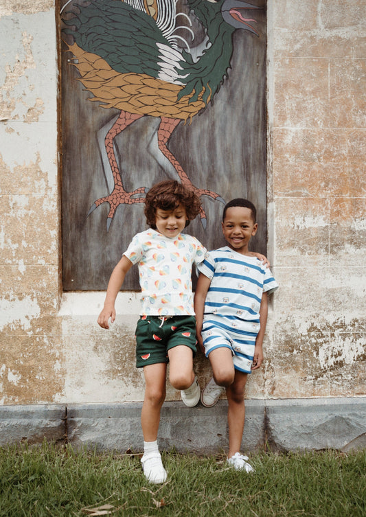 iMiN Kids Boys Organic Cotton Summer Shorts Blue Stripe Sloth