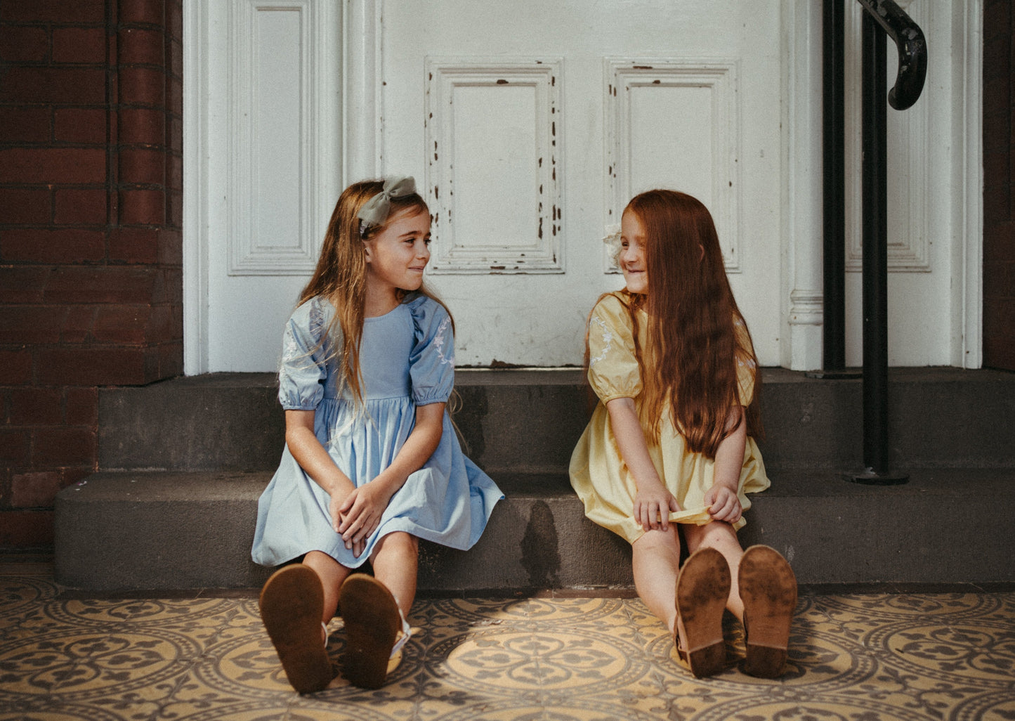 iMiN Kids Mini Me Girls Puff Sleeves Floral Embroidered Dress Mellow Yellow