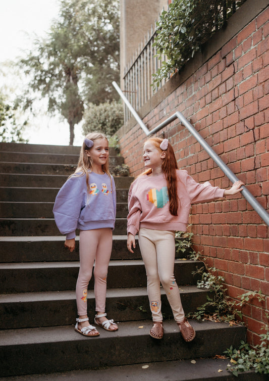 iMiN Kids Duckie Friends Balloon Sleeves Purple Cropped Sweatshirt