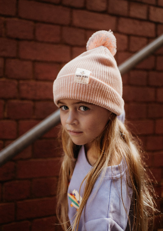 iMiN Kids Pom Pom Knit Cotton Beanie Coral Pink