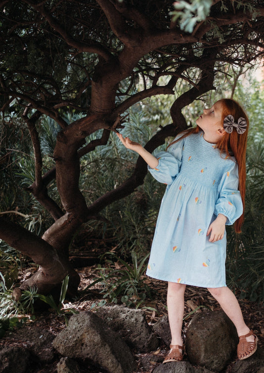 iMiN Kids Girls Organic Cotton Balloon Sleeves Smocking Rainbow Heart Dress Light Blue