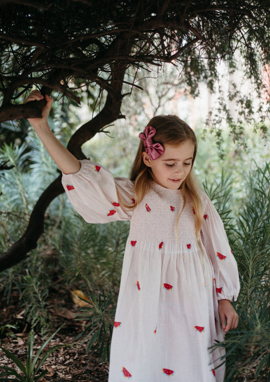 iMiN Kids Girls Organic Cotton Balloon Sleeves Smocking Watermelon Dress Pink Lemonade