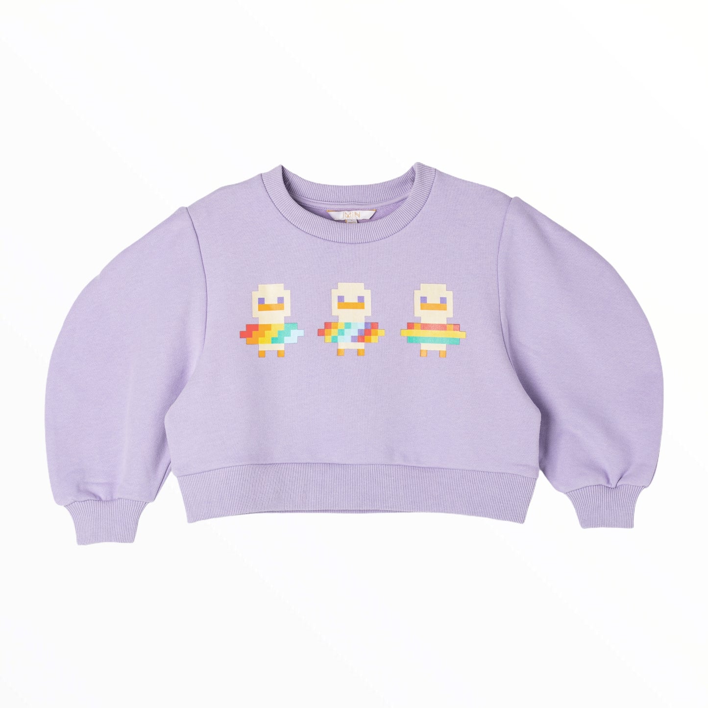 iMiN Kids Duckie Friends Balloon Sleeves Purple Cropped Sweatshirt
