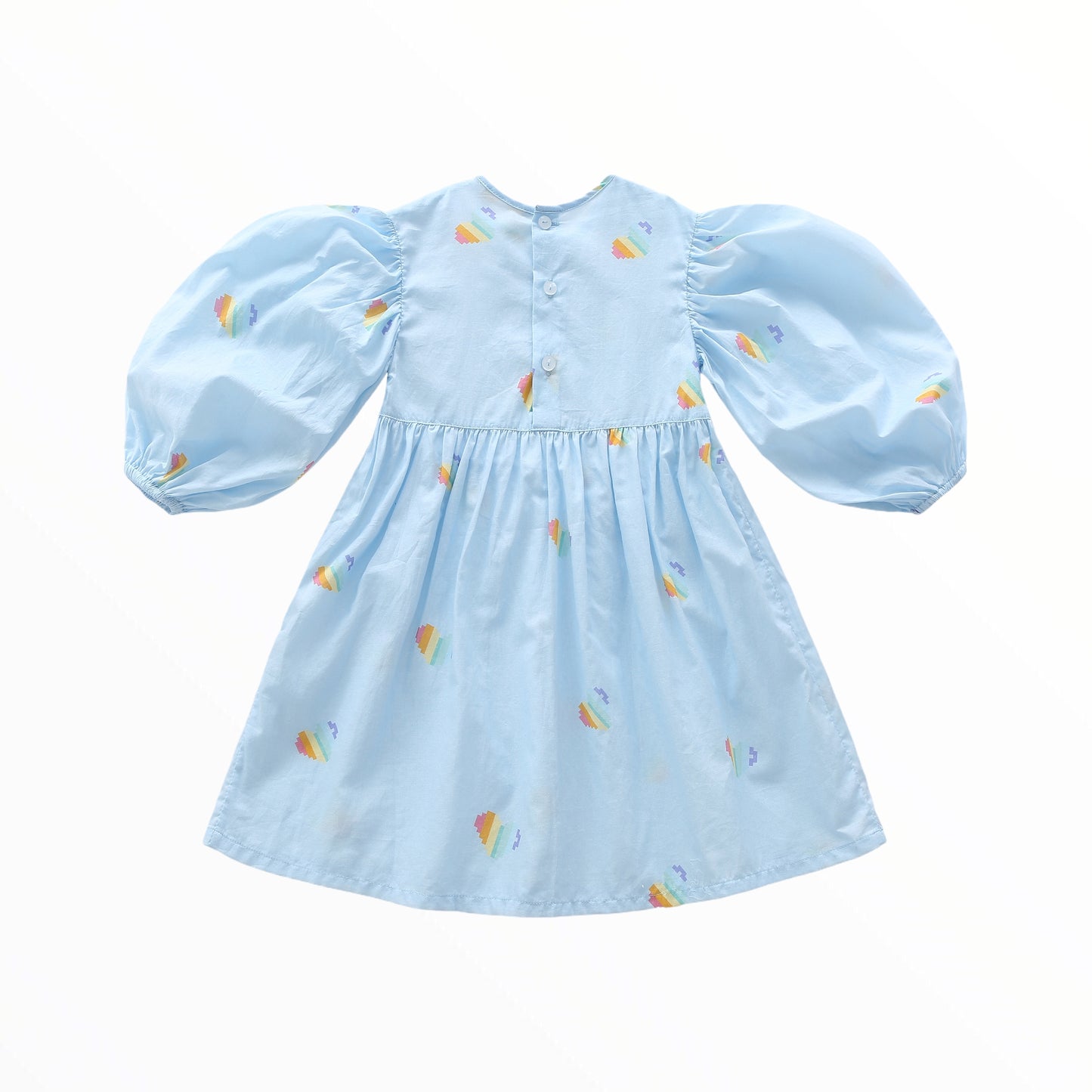iMiN Kids Girls Organic Cotton Balloon Sleeves Smocking Rainbow Heart Dress Light Blue