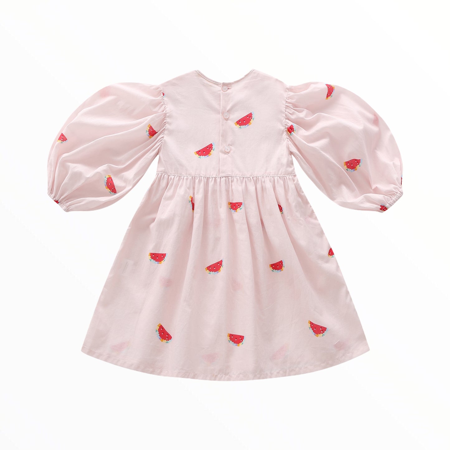Girls Organic Cotton Balloon Sleeves Smocking Watermelon Dress Pink Lemonade
