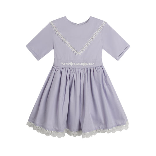 Girls Elegant Floral Embroidery Lace Dress Purple