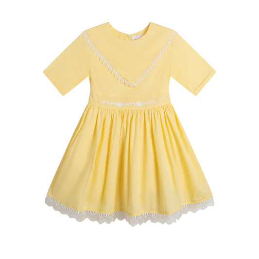 Girls Elegant Floral Embroidery Lace Dress Mellow Yellow