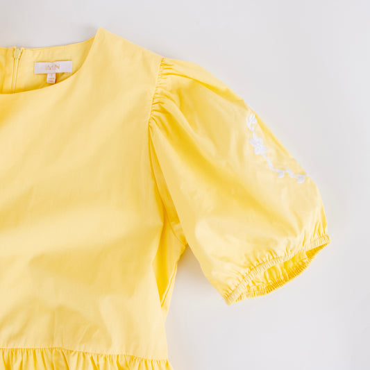 iMiN Women's Puff Sleeves Floral Embroidered Dress Mellow Yellow