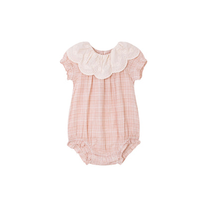 Baby Cotton Pink Check Lace Collar Rompers