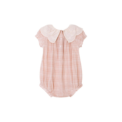 Baby Cotton Pink Check Lace Collar Rompers