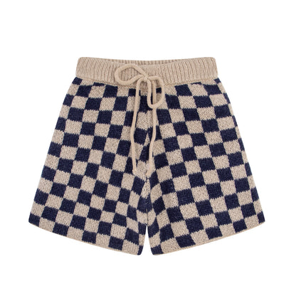 Navy Check Knit Shorts