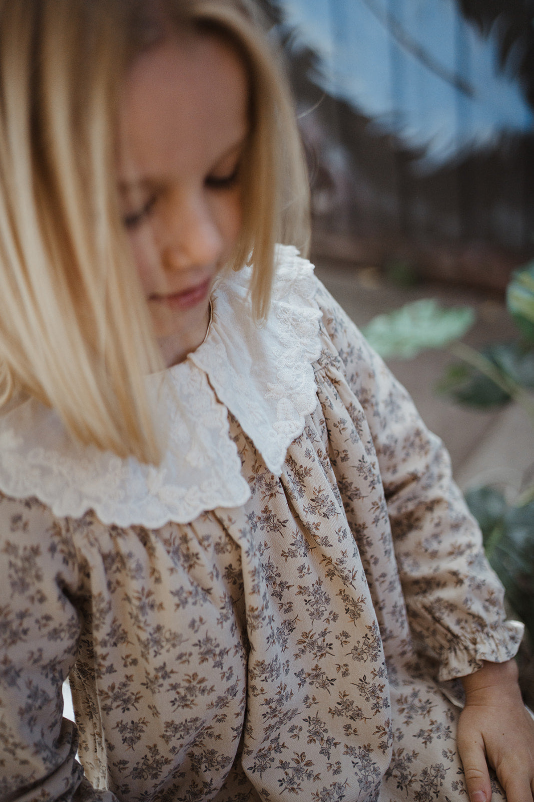 Girls Cotton Lace Collar Floral Long Sleeves Dress