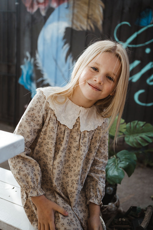 Girls Cotton Lace Collar Floral Long Sleeves Dress