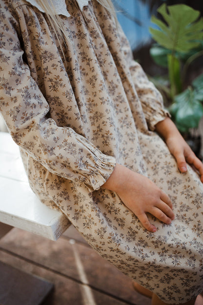 Girls Cotton Lace Collar Floral Long Sleeves Dress