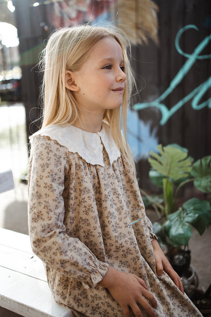 Girls Cotton Lace Collar Floral Long Sleeves Dress