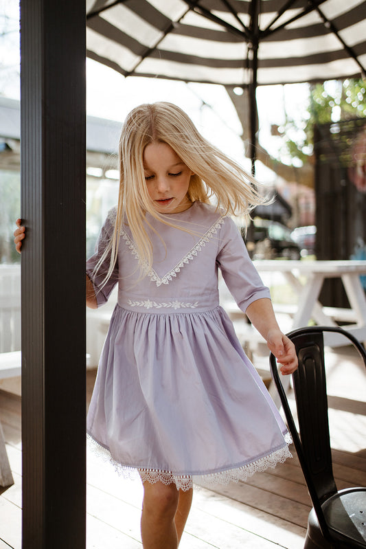 Girls Elegant Floral Embroidery Lace Dresses Purple