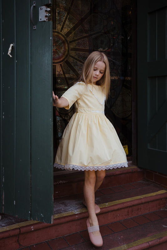 Girls Elegant Floral Embroidery Lace Dresses Mellow Yellow
