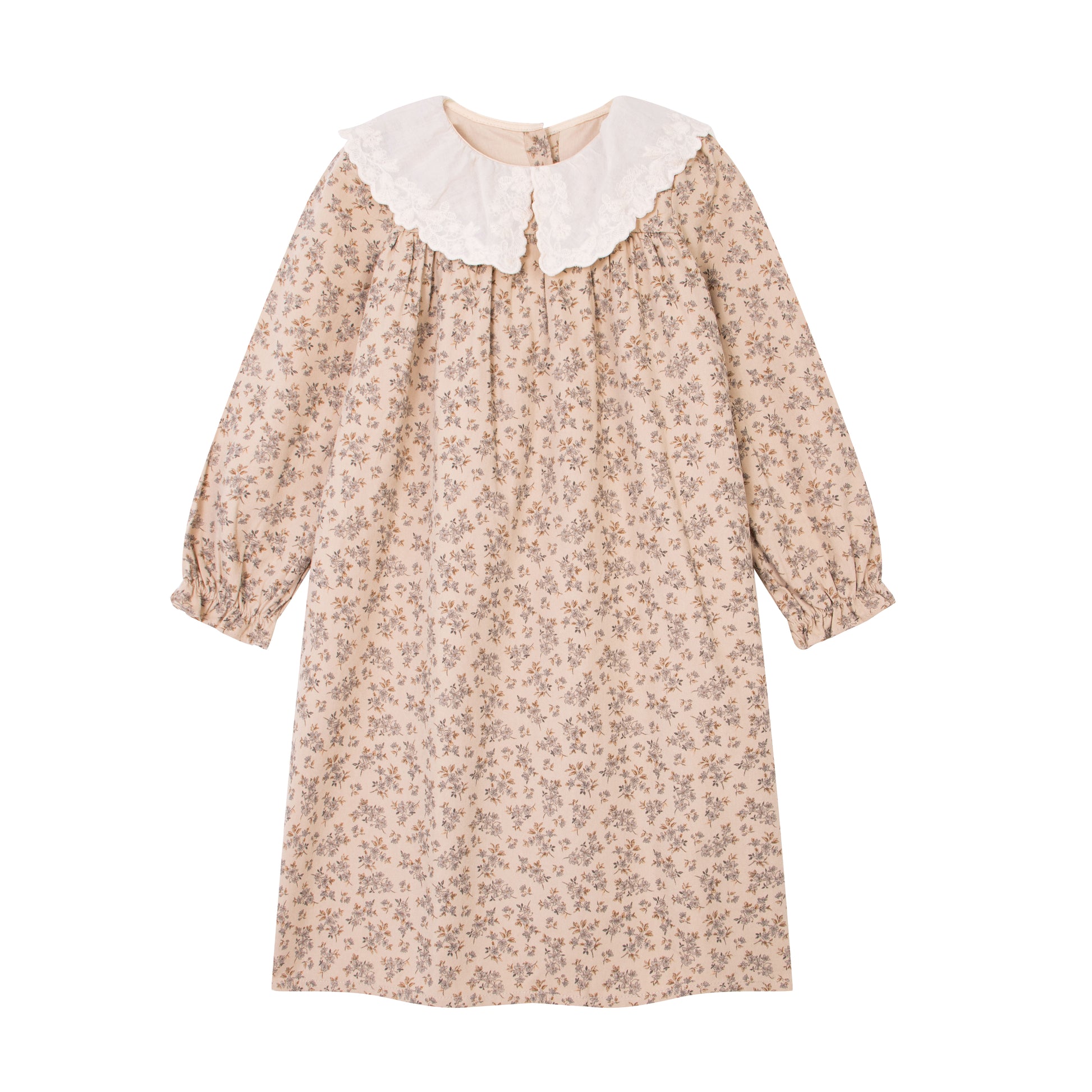 Girls Cotton Lace Collar Floral Long Sleeves Dress