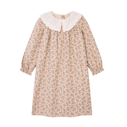 Girls Cotton Lace Collar Floral Long Sleeves Dress