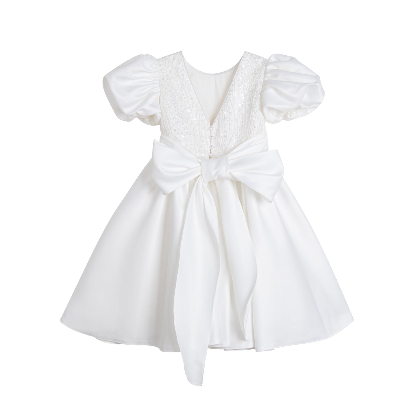 Girls White Satin Puff Sleeves Occasion Dress with big bow