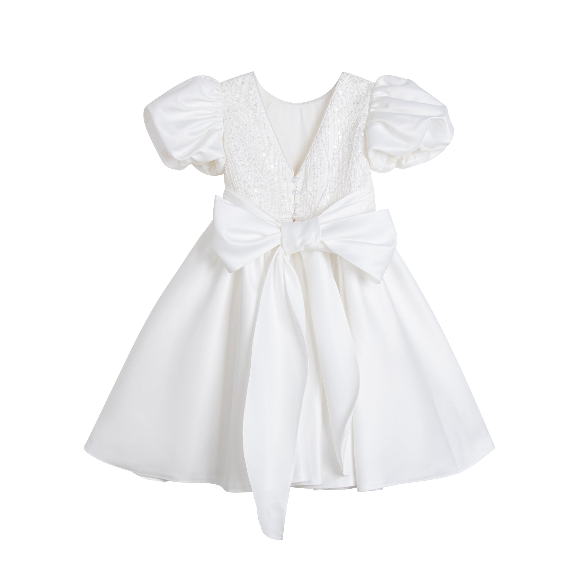 Girls White Satin Puff Sleeves Occasion Dress with big bow
