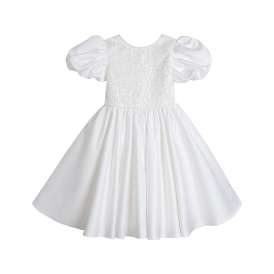 Girls White Satin Puff Sleeves Flower Girl Dress with Bead Embroidery