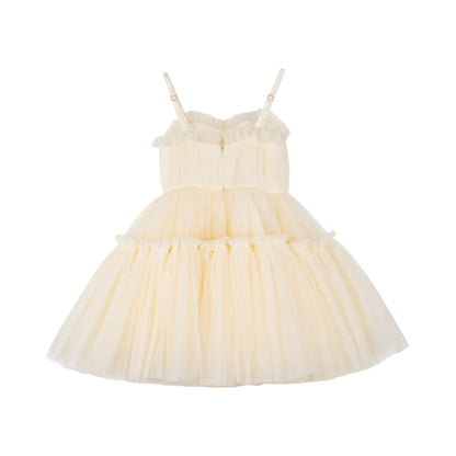 Beige Cream Elegant Girls Tutu Birthday Dress with hand-sewn pearls