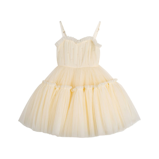 Beige Cream Pearl Daisy Purple Girls Tulle Tutu Dress with hand-sewn pearls