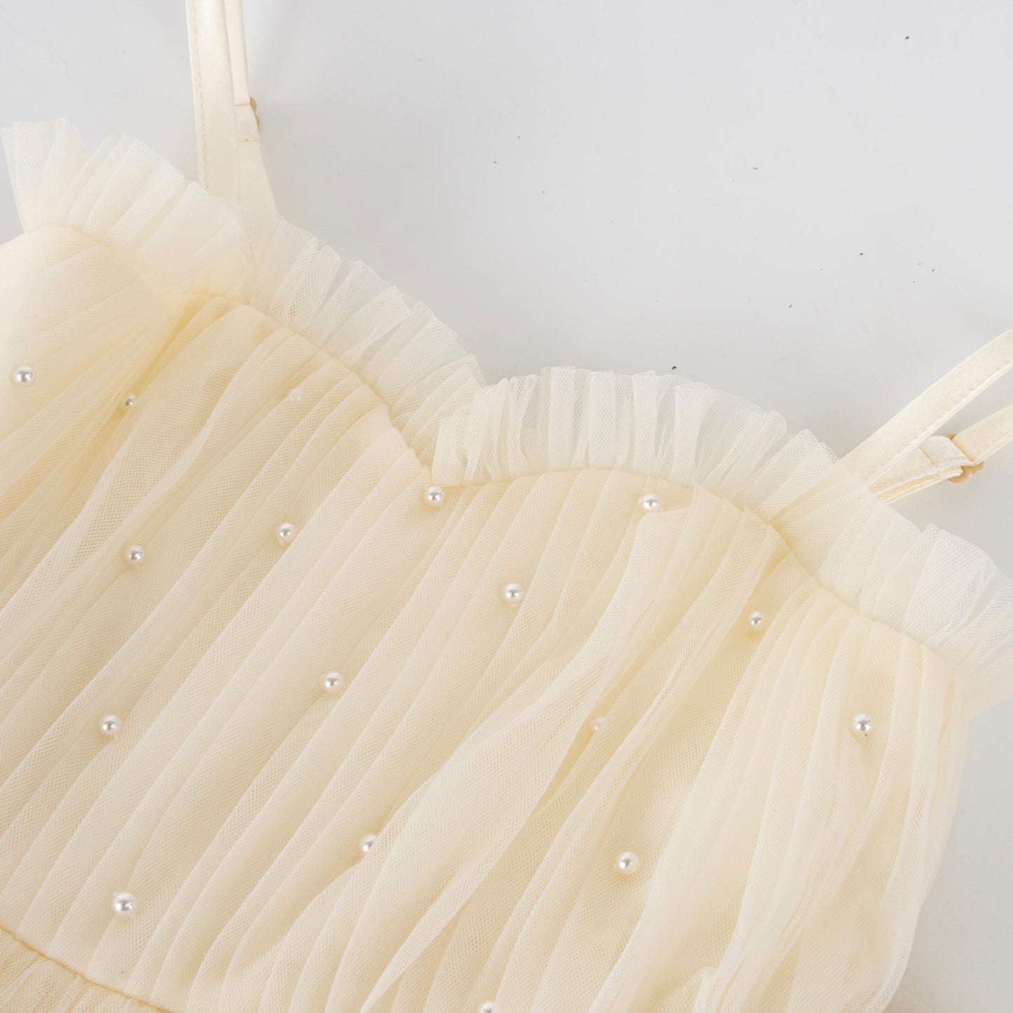 Girls Tulle Pearls Dress Beige