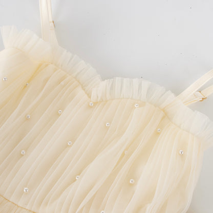 Girls Tulle Pearls Dress Beige