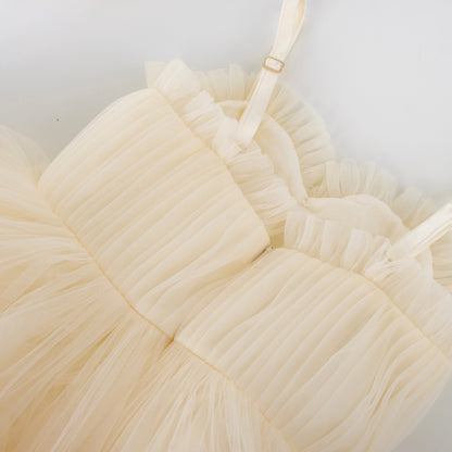 White Elegant Girls Tutu Birthday Dress with hand-sewn pearls