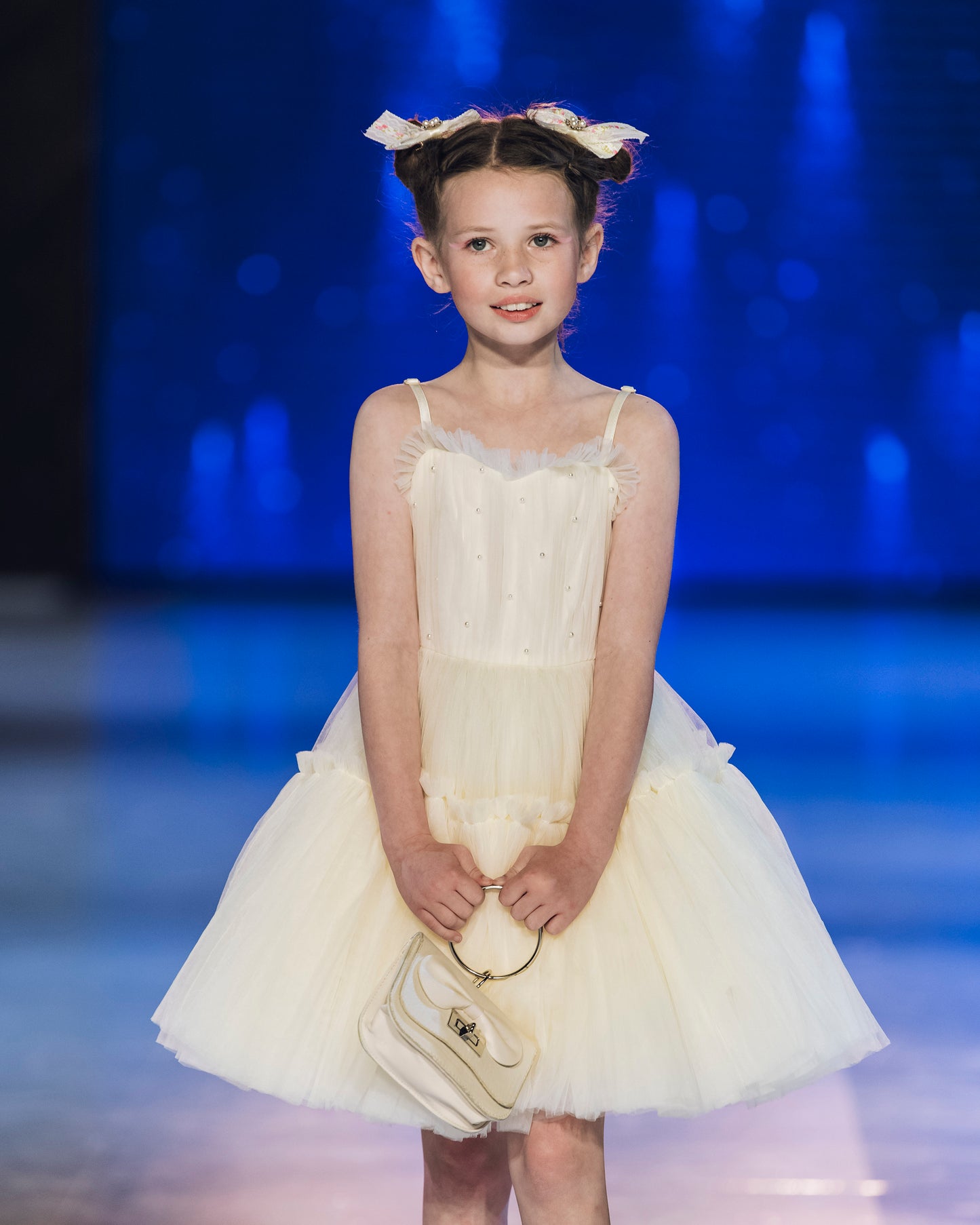 White Elegant Girls Tutu Birthday Dress with hand-sewn pearls