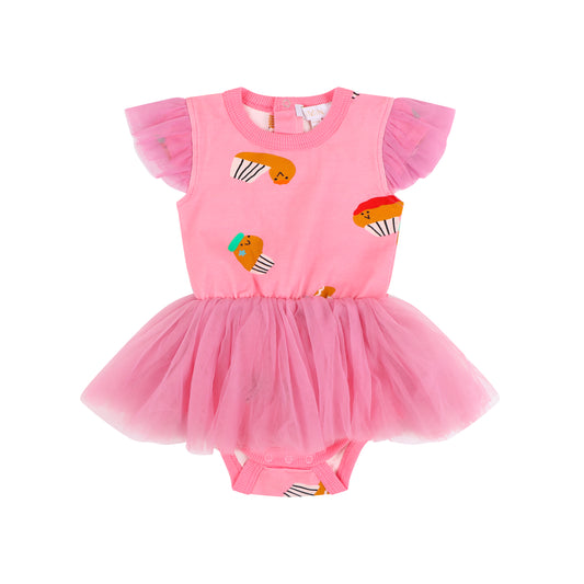 iMiN Kids Baby Frill Sleeves Tutu Romper Pink Little Cupcake Friends