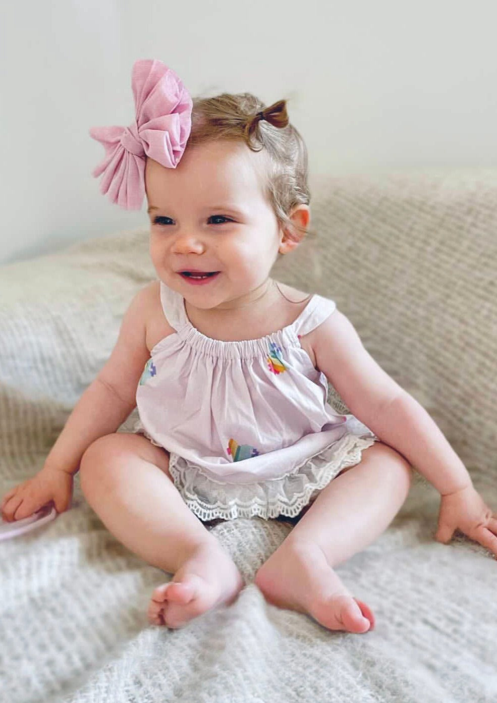 iMiN Kids Organic Cotton Lace Baby Romper Pink Rainbow Heart Lace