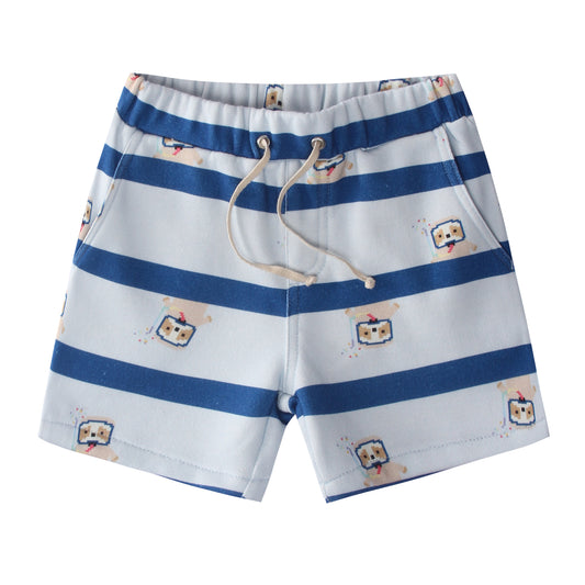 iMiN Kids Boys Organic Cotton Shorts Blue Stripe Sloth