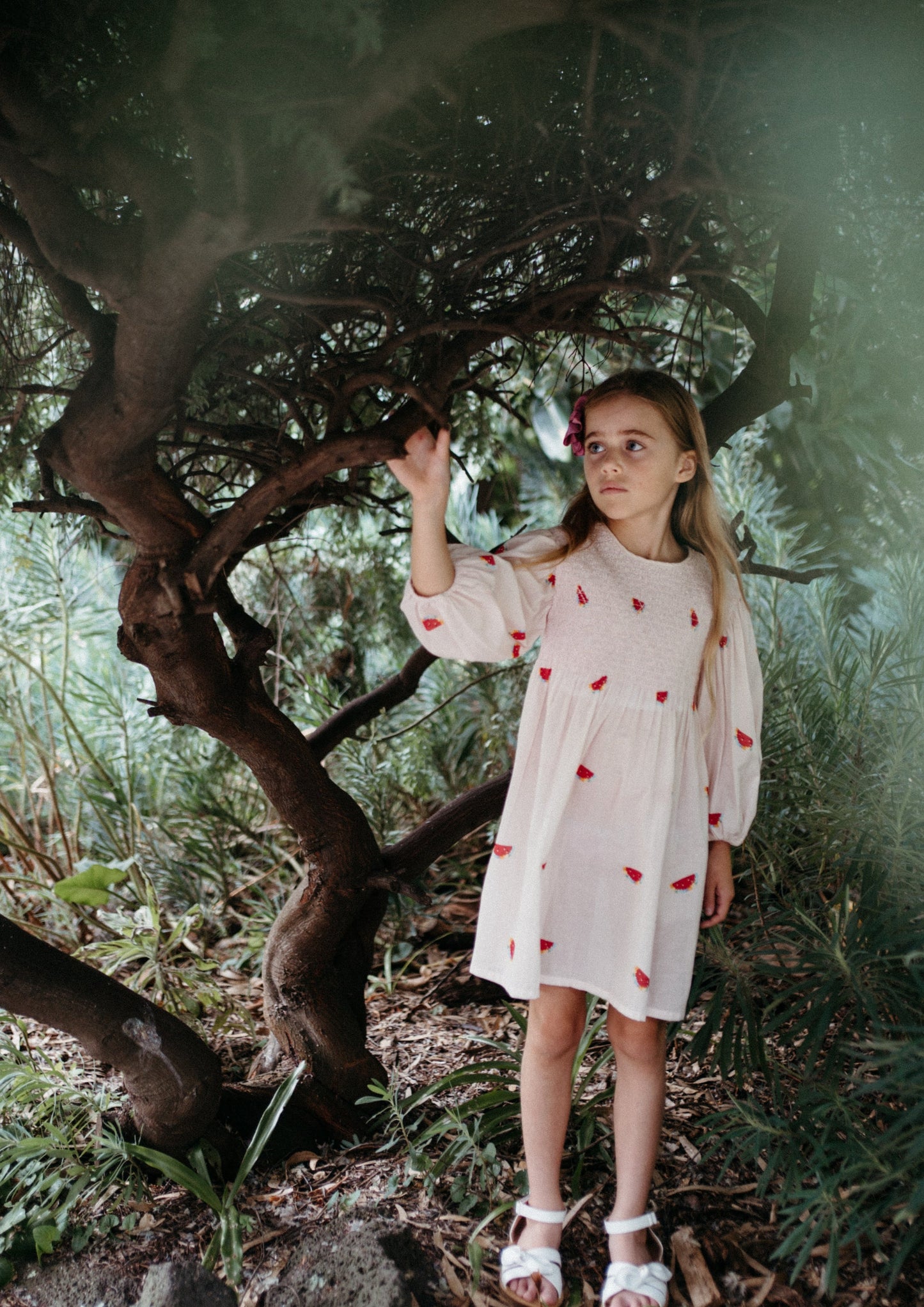iMiN Kids Girls Organic Cotton Balloon Sleeves Smocking Watermelon Dress Pink Lemonade