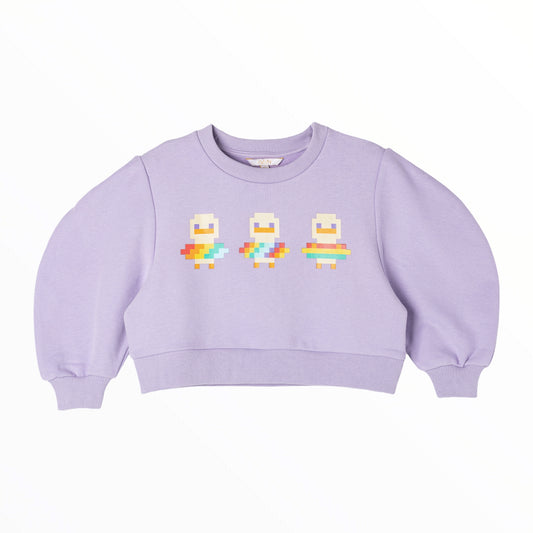 iMiN Kids Duckie Friends Balloon Sleeves Purple Cropped Sweatshirt