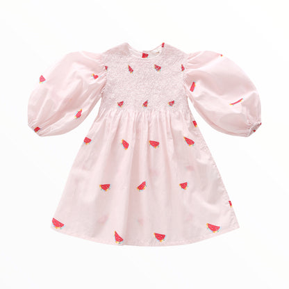 iMiN Kids Girls Organic Cotton Balloon Sleeves Smocking Watermelon Dress Pink Lemonade