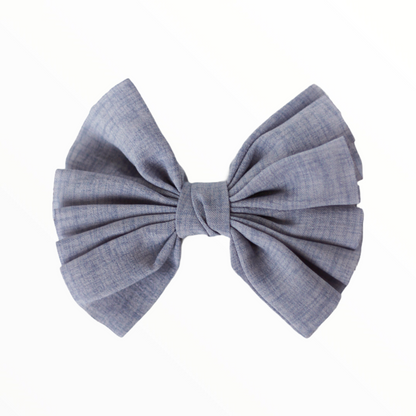 Girls Handmade Linen Pleated Bow Clip Grey Blue
